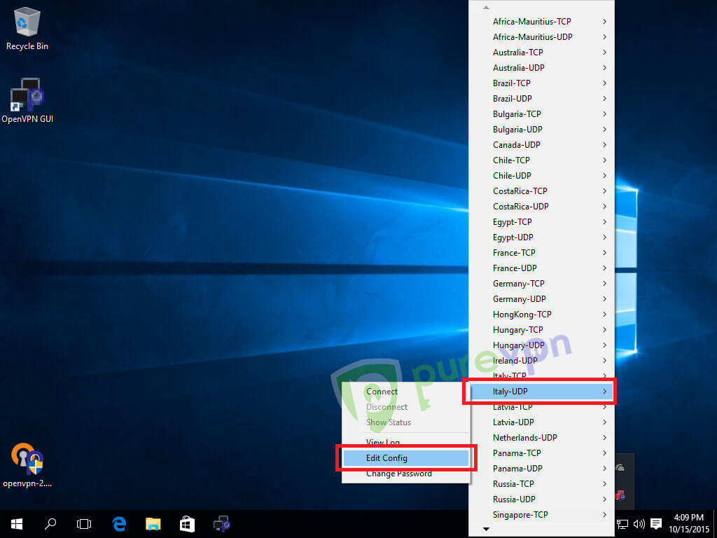 Right click on OpenVPN Icon from system tray, go to desired server and select Edit Config